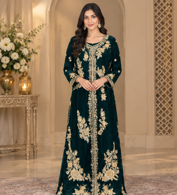 Emerald Gold Royale – Luxury Embroidered Velvet Kurta