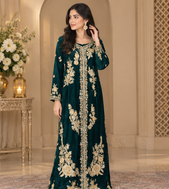 Emerald Gold Royale – Luxury Embroidered Velvet Kurta