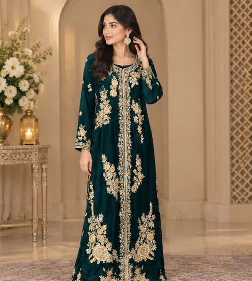 Emerald Gold Royale – Luxury Embroidered Velvet Kurta