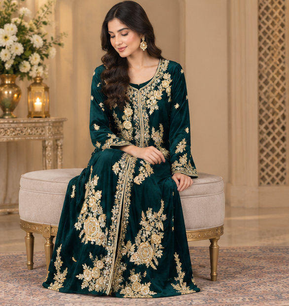 Emerald Gold Royale – Luxury Embroidered Velvet Kurta
