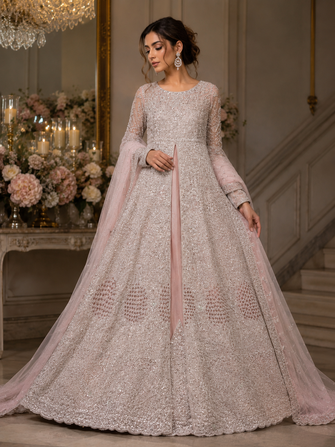 Blush Rose Silver Embroidered Bridal Gown