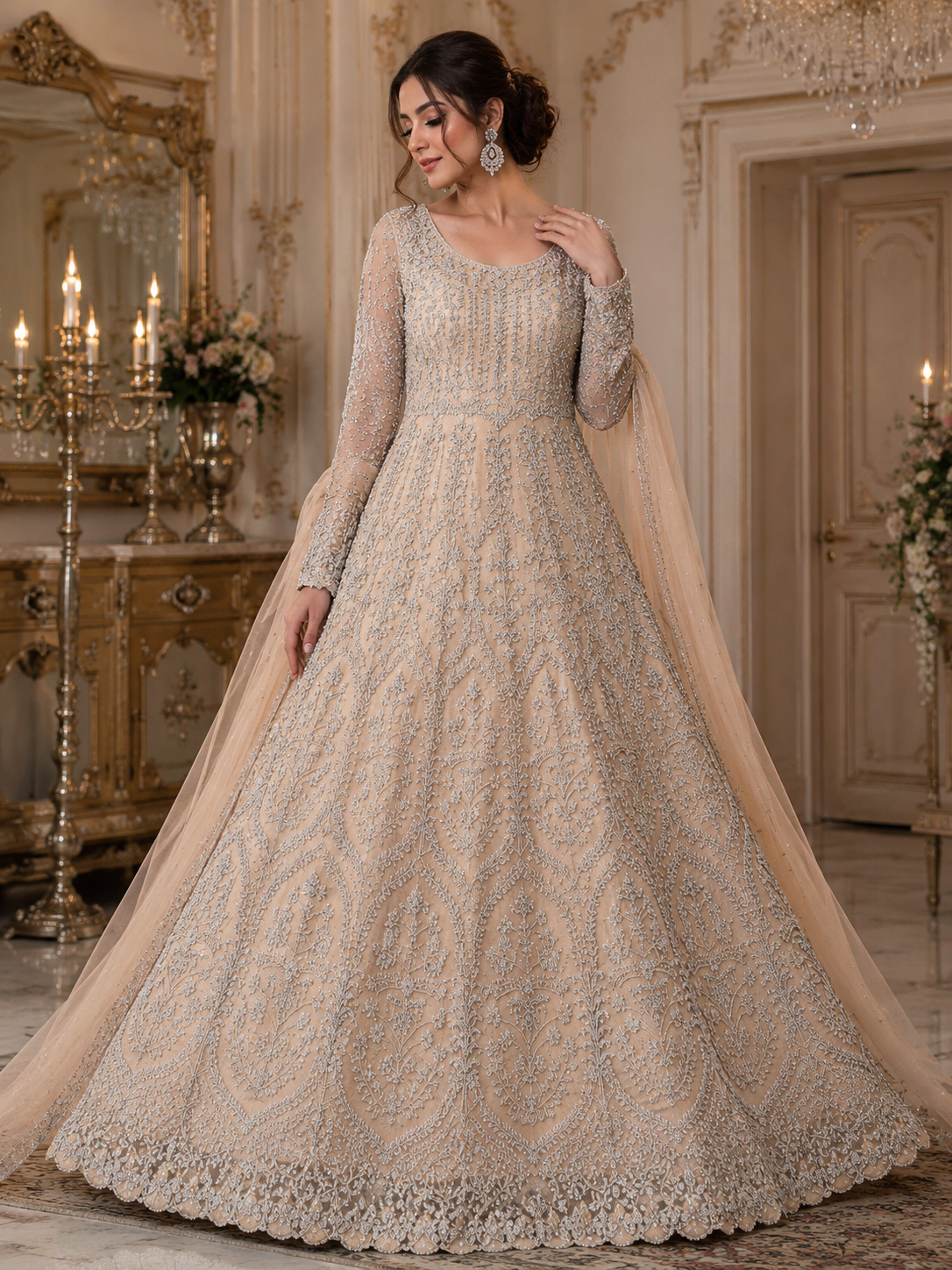 Champagne Silver Majesty – Heavily Embroidered Bridal Gown
