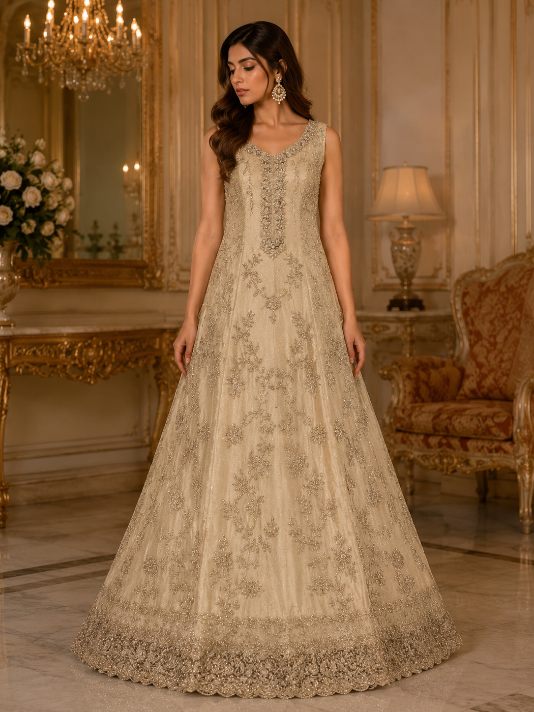 Ivory Champagne Royale – Intricate Silver Embroidered Bridal Dress