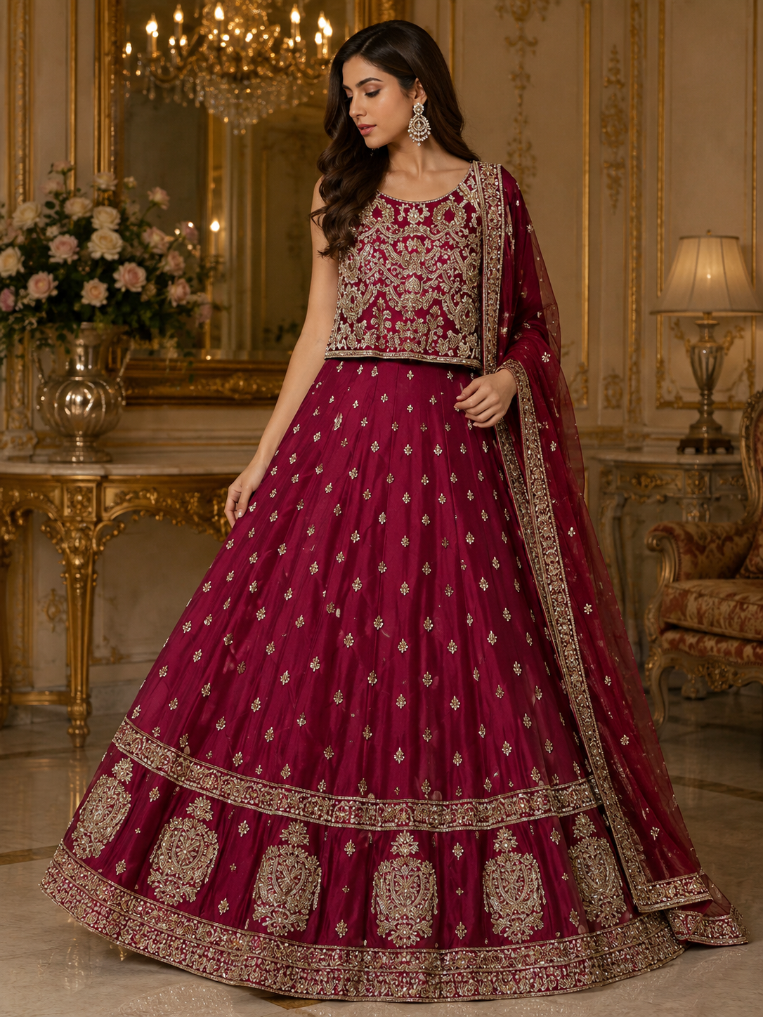 Royal Burgundy Bridal Lehenga – Gold Embroidered Luxury Ensemble