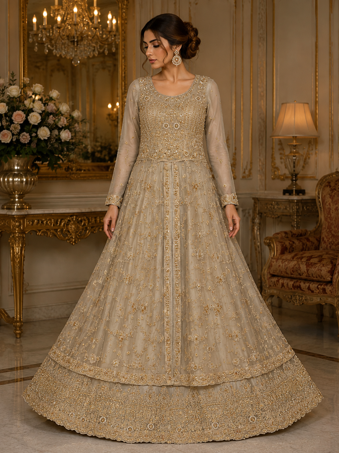 Champagne Gold Royal – Heavily Embroidered Bridal Anarkali